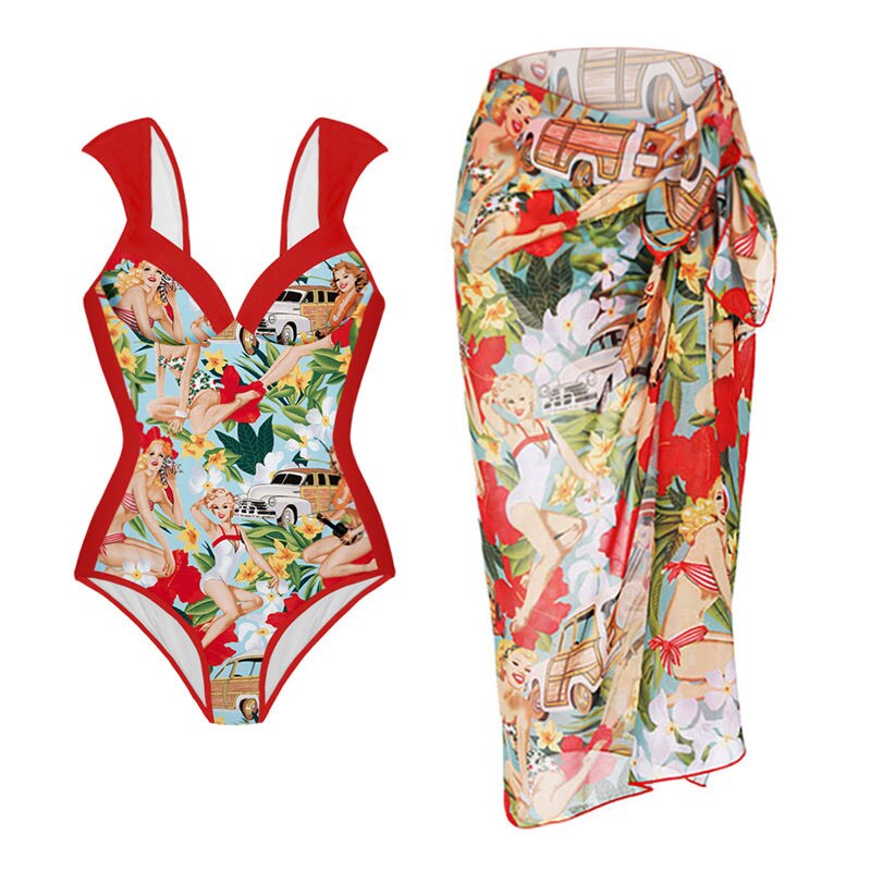 Bikini Lace-up High Waist Retro Printed Two-piece Swimsuit Set Women's Print Swimwear Bikin Beachwear