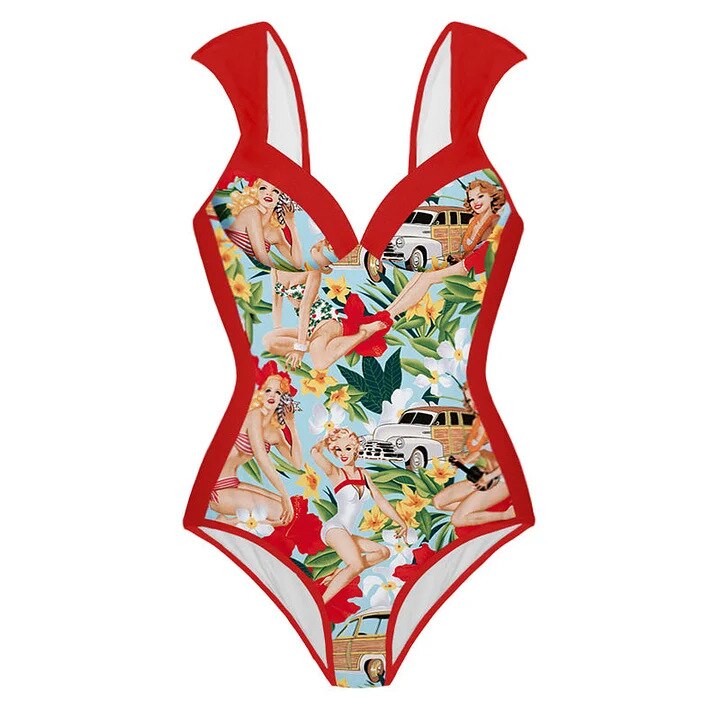 Bikini Lace-up High Waist Retro Printed Two-piece Swimsuit Set Women's Print Swimwear Bikin Beachwear