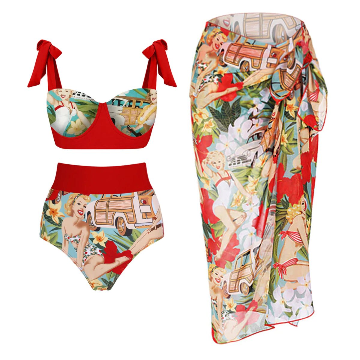 Bikini Lace-up High Waist Retro Printed Two-piece Swimsuit Set Women's Print Swimwear Bikin Beachwear