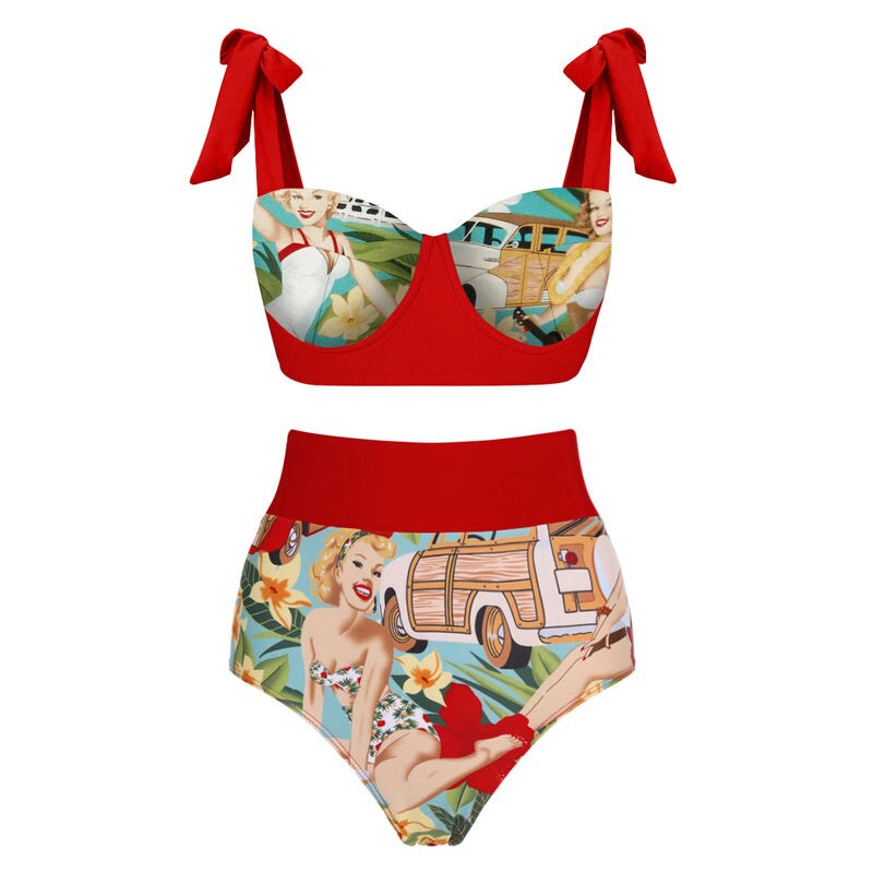 Bikini Lace-up High Waist Retro Printed Two-piece Swimsuit Set Women's Print Swimwear Bikin Beachwear